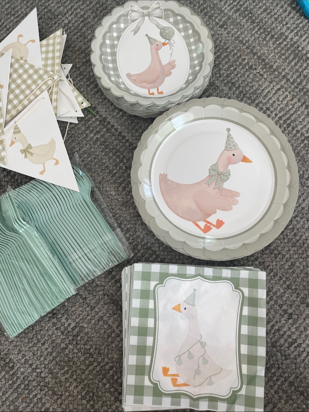 Pink Duck Party Paper Plates & Napkins in Sage Green